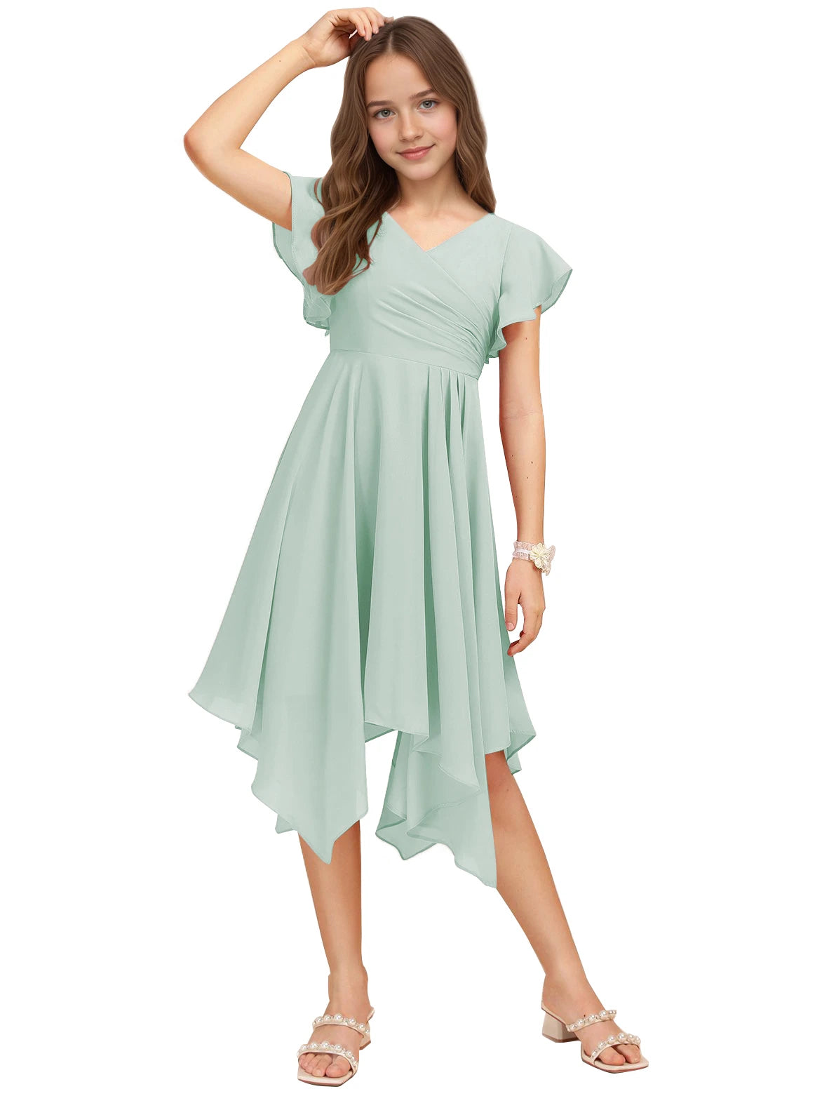 Dideyttawl Dusty Rose Junior Bridesmaid Chiffon Flutter Sleeve A-Line Dress