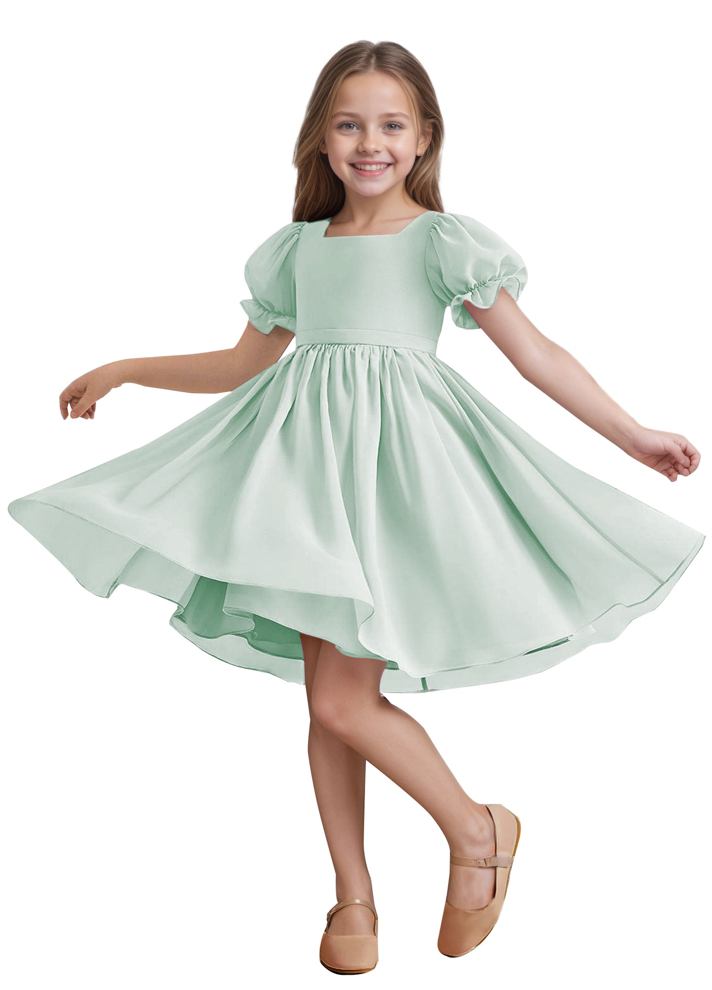 Chiffon Short Sleeves Flower Girl Dresses Knee Length Junior Bridesmaid Dresses for 4-16 650C