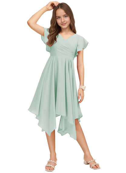 Chiffon Short Junior Bridesmaid Dresses Knee Length Flutter Sleeves Flower Girl Dresses for 4-16 2505