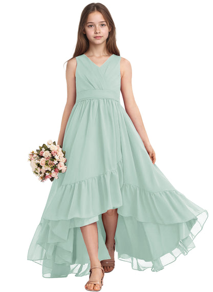 dideyttawl A-Line High Low Flower Girls Dress Long V-Neck Junior Bridesmaid Dresses for Teens Pleated Chiffon 2511