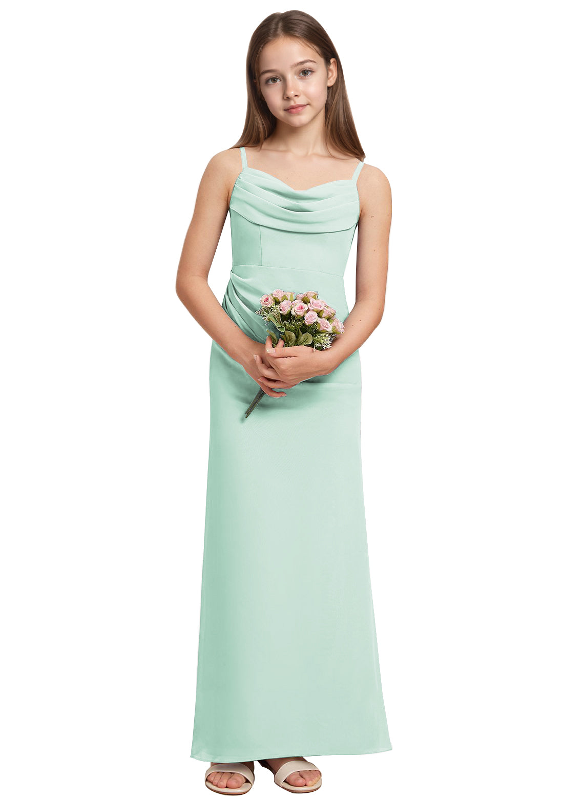 dideyttawl Long Sheathe Junior Bridesmaid Dresses for Girls Chiffon A-Line Ruched Cowl Neck Wedding Flower Girls Dress 2512