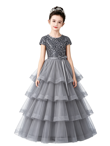 Dideyttawl Puffy Flower Girls Dress Sequins Flower Girl Dresses Sparkly Cap Sleeves Junior Bridesmaid Dress 648