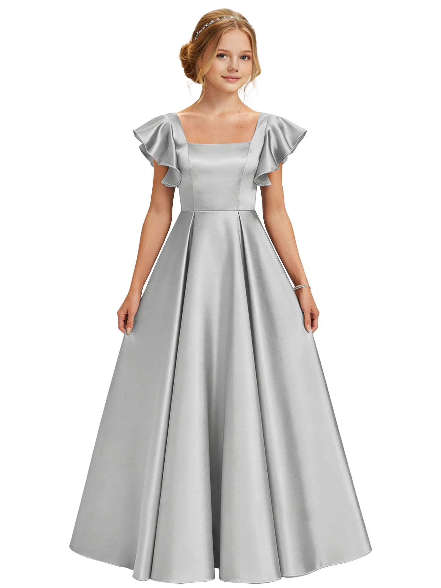 dideyttawl 2026 Girls Satin Prom Ball Gown Princess Dress Maxi Ruffle Sleeve Junior Bridesmaid Flower Girl Dresses 2546