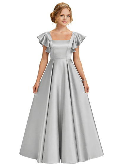 dideyttawl 2026 Girls Satin Prom Ball Gown Princess Dress Maxi Ruffle Sleeve Junior Bridesmaid Flower Girl Dresses 2546