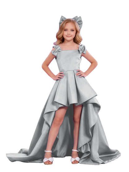 dideyttawl High-Low Junior Bridesmaid Dresses for Girls Pleated Satin A-Line Bow Straps Pageant Formal Party Dress 2536
