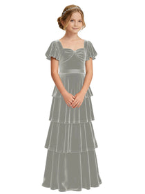 Dideyttawl Burgundy Velvet Girls Formal Dress Puff Sleeve Tiered Ruffle Formal Dress