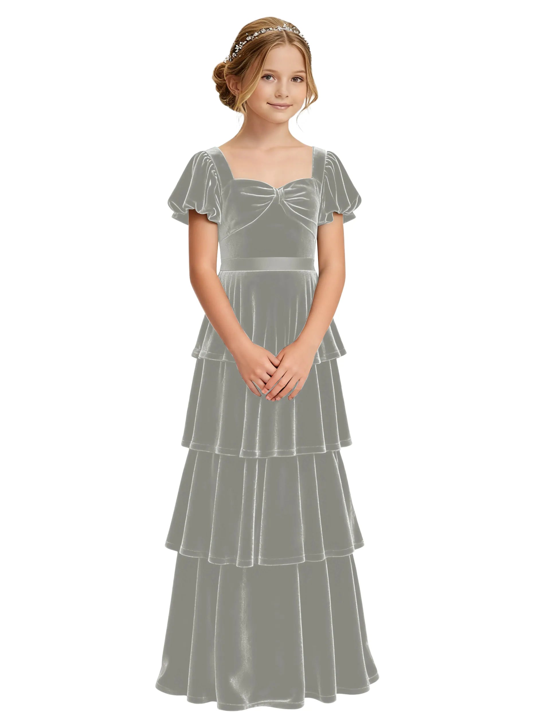 Dideyttawl Burgundy Velvet Girls Formal Dress Puff Sleeve Tiered Ruffle Formal Dress