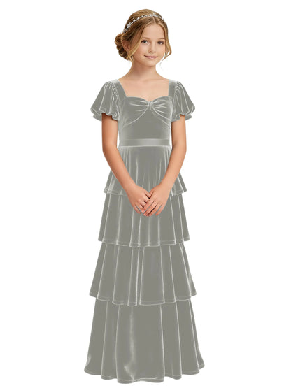 Dideyttawl Burgundy Velvet Junior Bridesmaid Dress Puff Sleeve Tiered Ruffle Formal Dress