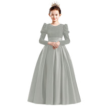 Dideyttawl Velvet Girls Formal Dress Long Sleeves Satin Flower Girl Dress 2541
