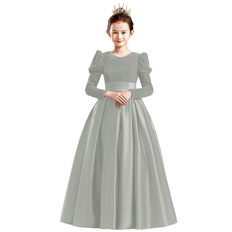 Dideyttawl Velvet Girls Formal Dress Long Sleeves Satin Flower Girl Dress 2541