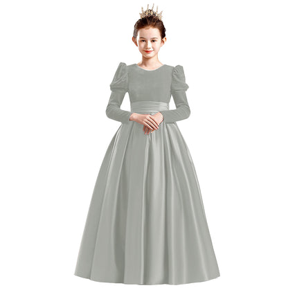 dideyttawl Velvet Junior Bridesmaid Dresses Long Sleeves Satin Flower Girl Dress 2541
