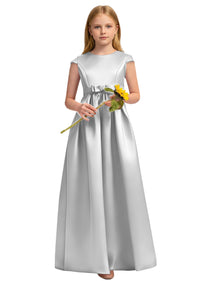 Dideyttawl White Junior Bridesmaid Dress Cap Sleeve Satin Ball Gown
