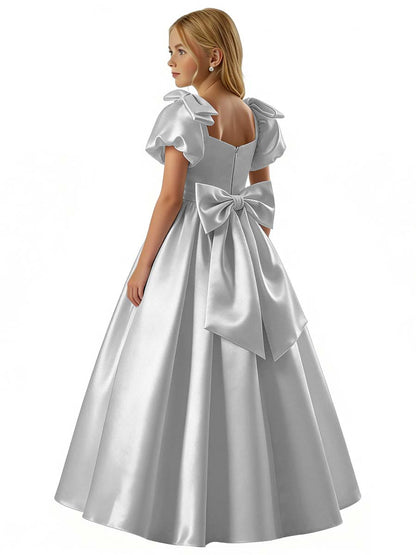 dideyttawl 2026 Satin Flower Girl Dress A Line Big Bow Long Prom Princess Ball Gown Puff Sleeves Junior Bridesmaid Dress 2773