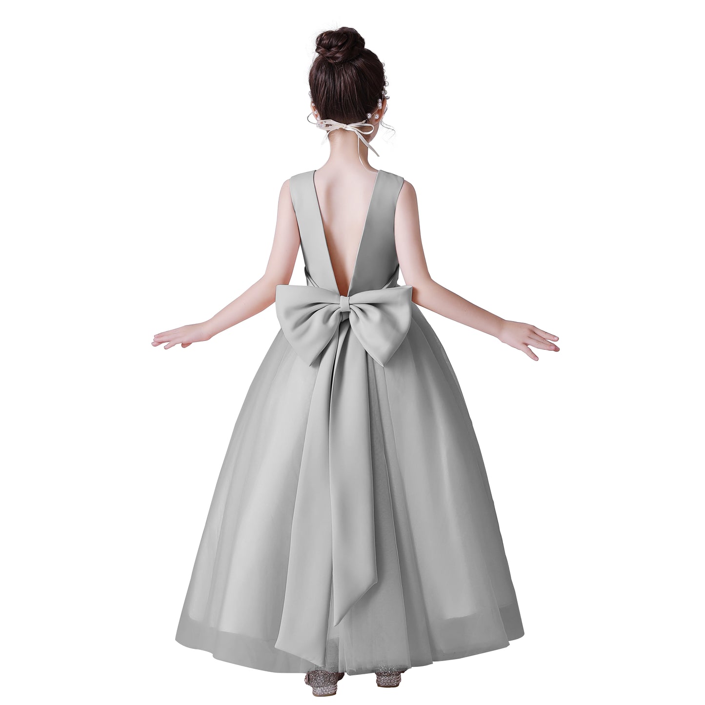 Dideyttawl Big Bow V-Back Satin Tulle Flower Girl Dress with Pearls Puffy Princess Ball Gown
