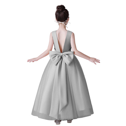 Dideyttawl Big Bow V-Back Satin Tulle Flower Girl Dress with Pearls Puffy Princess Ball Gown
