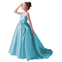 Dideyttawl Flower Girls Pageant Dresses One Shoulder Sleeveless Formal Satin Dress for Wedding Guest Princess Ball Gown Flower Belt Dress