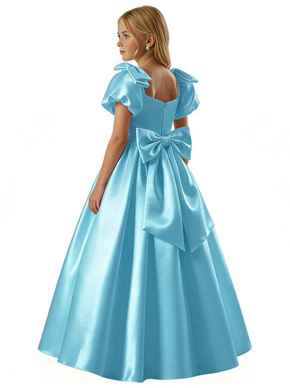 dideyttawl 2026 Satin Flower Girl Dress A Line Big Bow Long Prom Princess Ball Gown Puff Sleeves Junior Bridesmaid Dress 2773