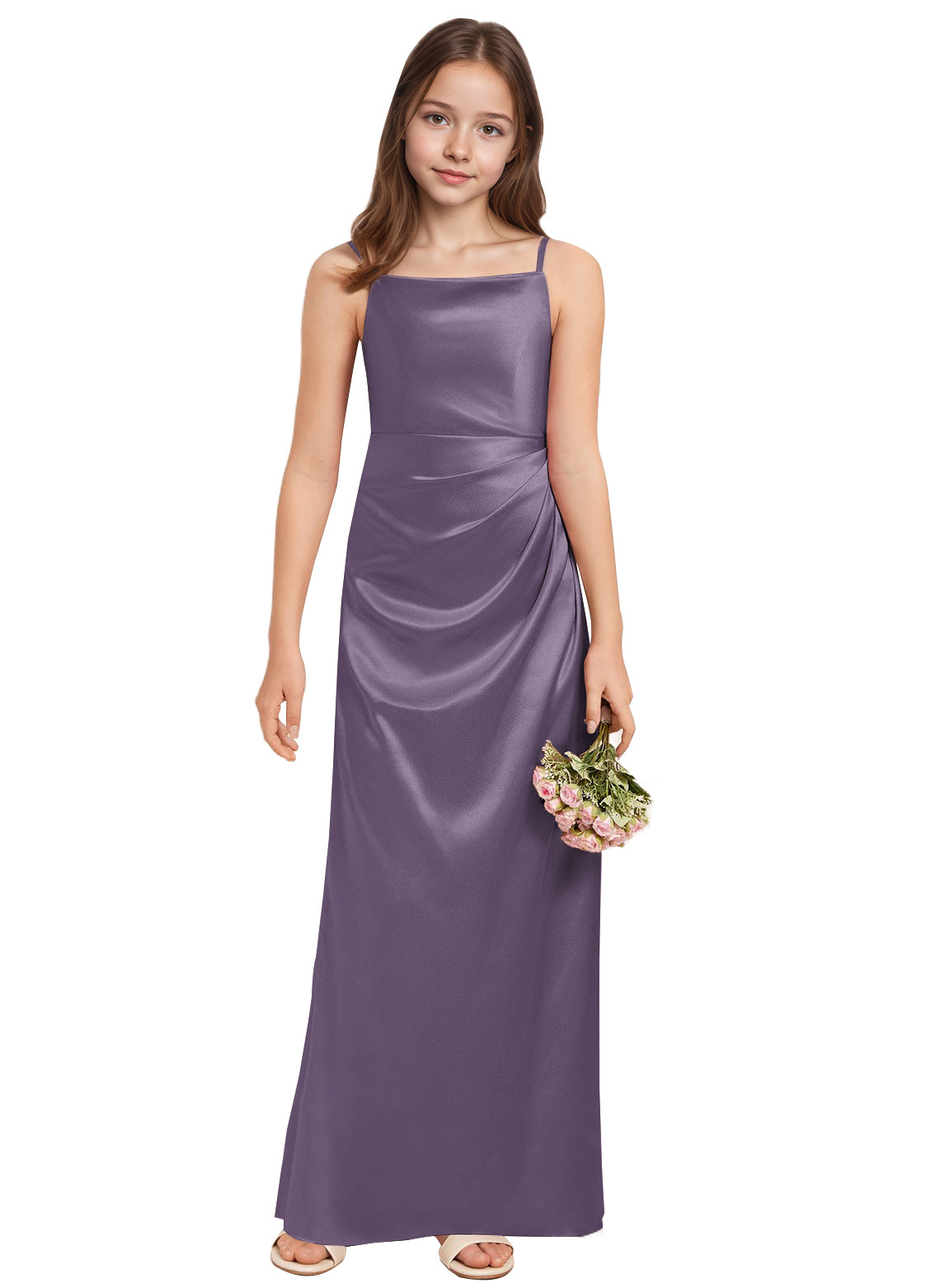 dideyttawl A-Line Junior Bridesmaid Dress Square Neck Pleated Stretch Satin Flower Girl Dress Sleeveless Formal Special Occasion Dress for Wedding 2520