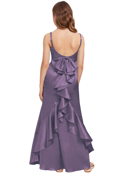 dideyttawl Mermaid Junior Bridesmaid Dress with Slit V-Neck Ruffles Bow Stretch Satin Flower Girl Dress Sleeveless Formal Special Occasion Dress for Wedding 2522