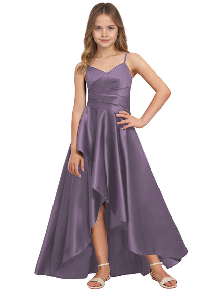 dideyttawl High Low Junior Bridesmaid Dress V-Neck Silk Satin Flower Girl Dress Sleeveless Formal Special Occasion Dress for Wedding 2523