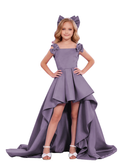dideyttawl High-Low Junior Bridesmaid Dresses for Girls Pleated Satin A-Line Bow Straps Pageant Formal Party Dress 2536