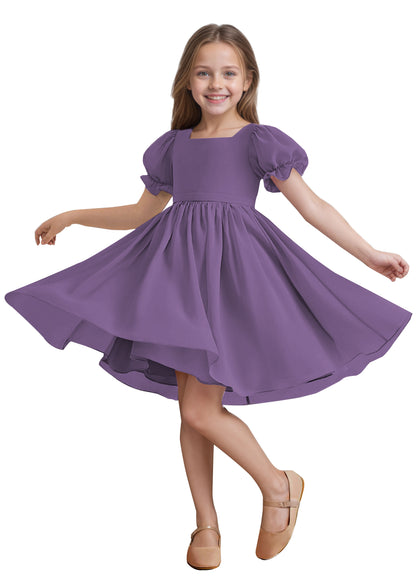 Chiffon Short Sleeves Flower Girl Dresses Knee Length Junior Bridesmaid Dresses for 4-16 650C