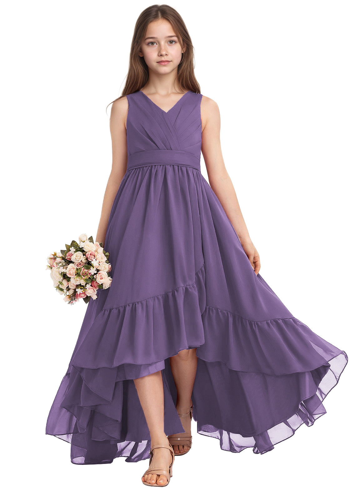dideyttawl A-Line High Low Flower Girls Dress Long V-Neck Junior Bridesmaid Dresses for Teens Pleated Chiffon 2511
