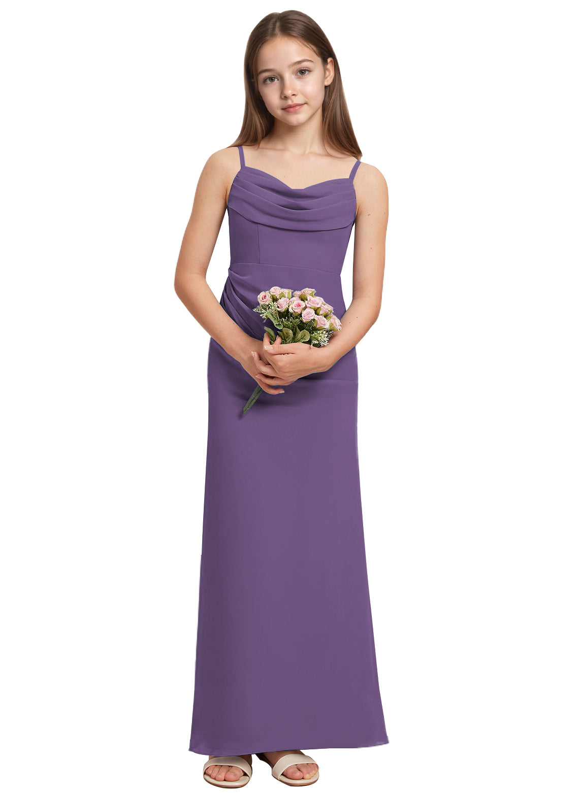 dideyttawl Long Sheathe Junior Bridesmaid Dresses for Girls Chiffon A-Line Ruched Cowl Neck Wedding Flower Girls Dress 2512