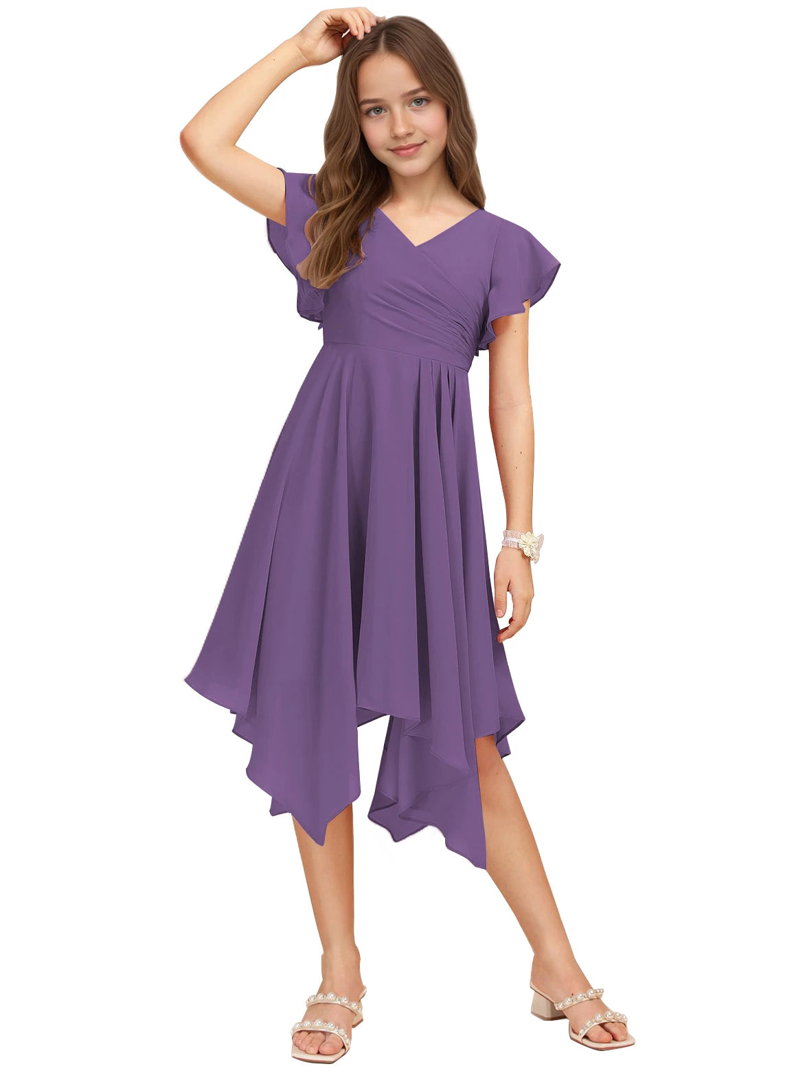 Dideyttawl Dusty Rose Junior Bridesmaid Chiffon Flutter Sleeve A-Line Dress