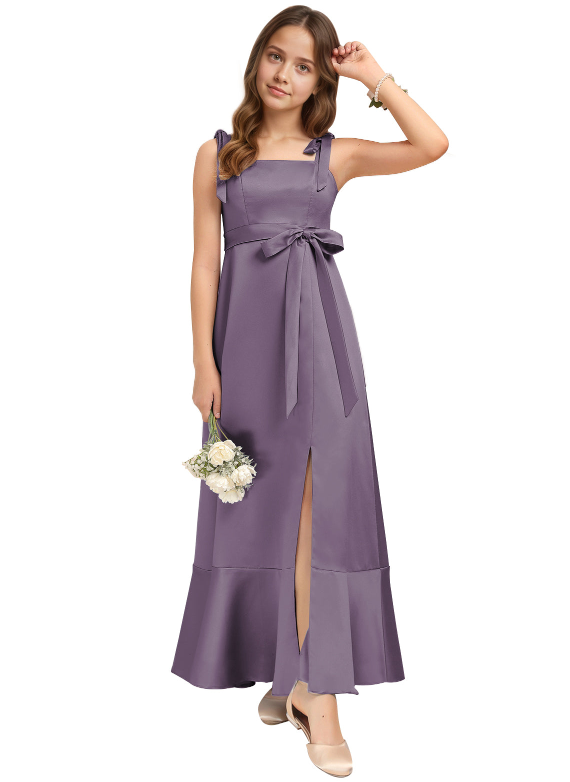 dideyttawl Junior Bridesmaid Dresses for Teens Silk Satin Adjustable Straps Flower Girl Dress with Slit 2529
