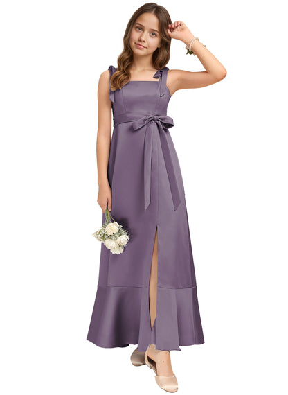 dideyttawl Junior Bridesmaid Dresses for Teens Silk Satin Adjustable Straps Flower Girl Dress with Slit 2529