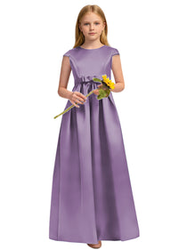 Dideyttawl White Junior Bridesmaid Dress Cap Sleeve Satin Ball Gown