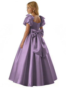 Dideyttawl White Flower Girl Dress Puff Sleeve Satin Ball Gown