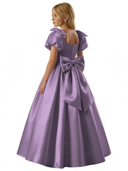 dideyttawl 2026 Satin Flower Girl Dress A Line Big Bow Long Prom Princess Ball Gown Puff Sleeves Junior Bridesmaid Dress 2773