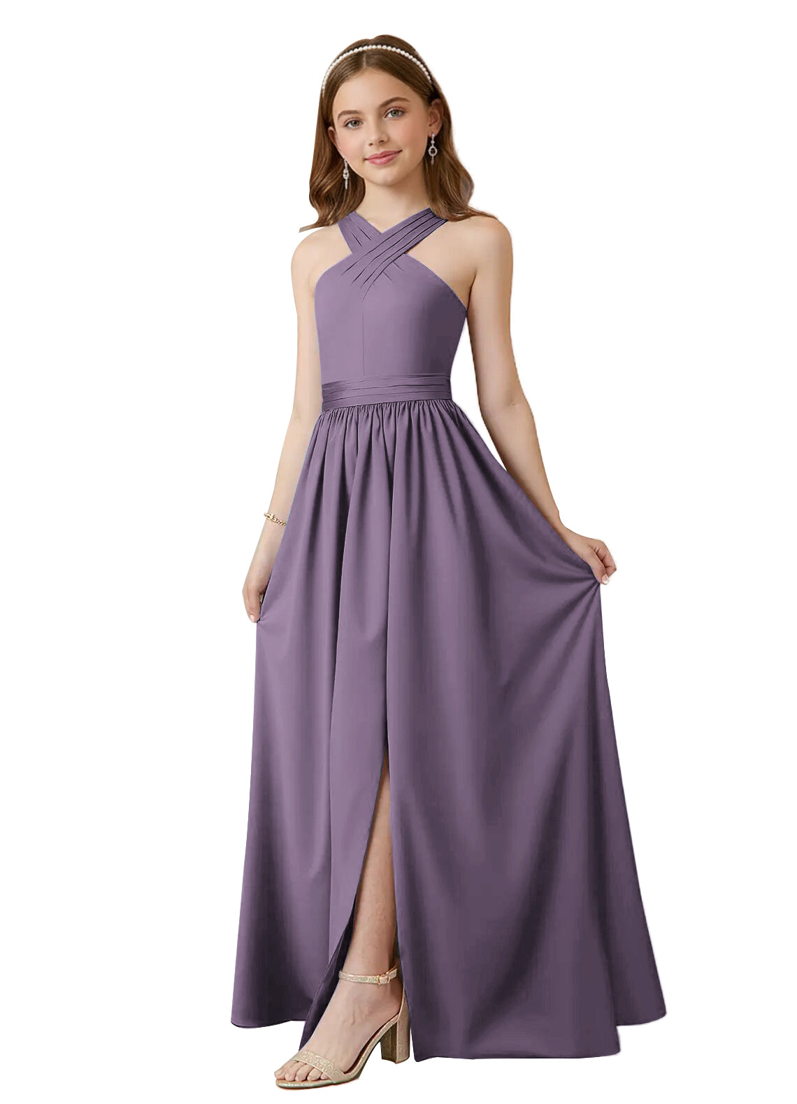 dideyttawl Junior Bridesmaid Dresses for Teen Girls Satin Halter A-Line Flower Girl Dress for Wedding 2531