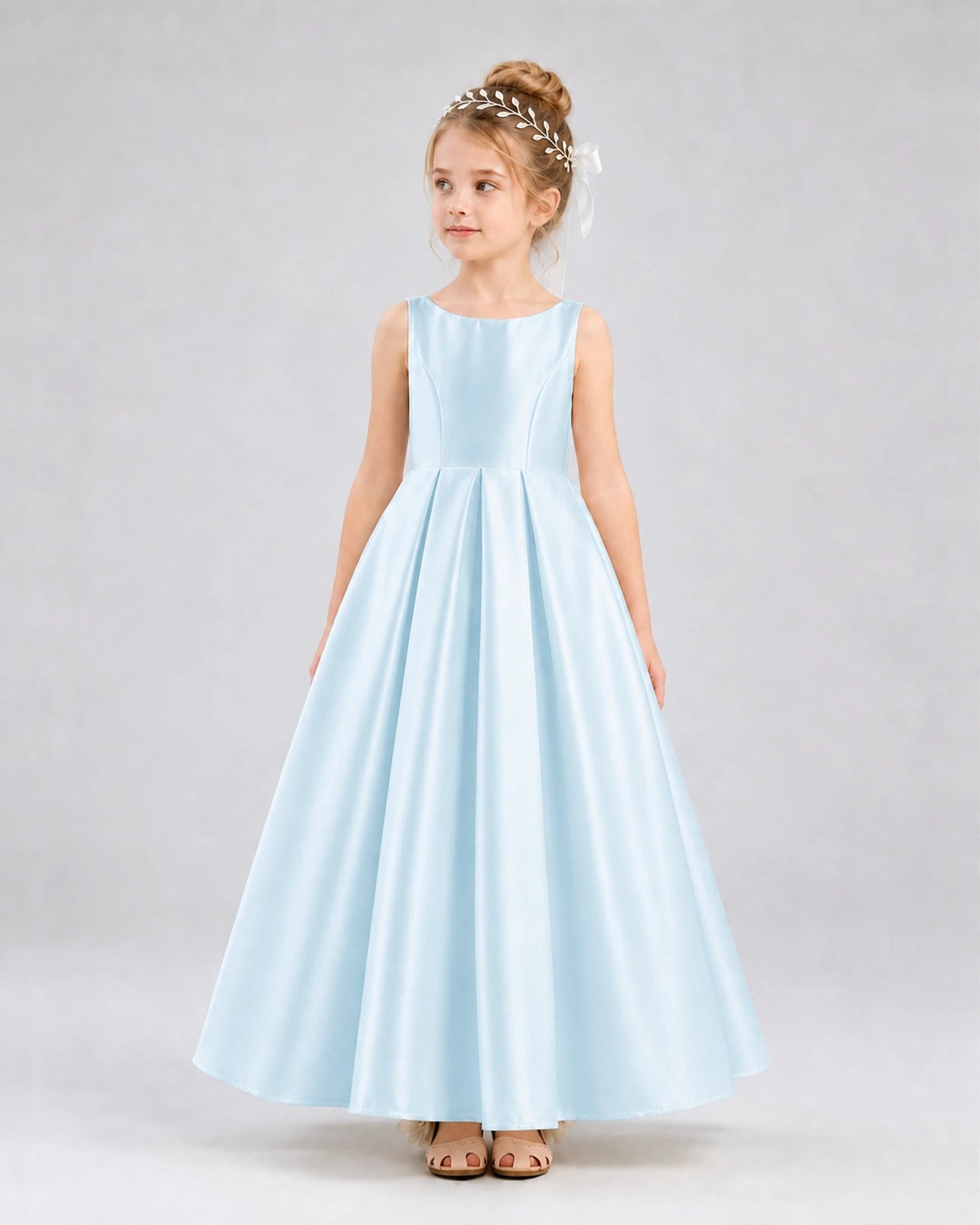 Baby Blue Satin A-line Flower Girl Dress Front View