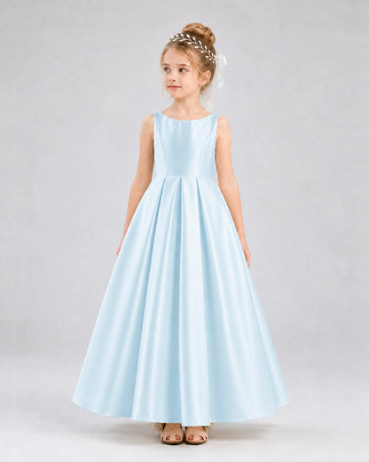 Baby Blue Satin A-line Flower Girl Dress Front View