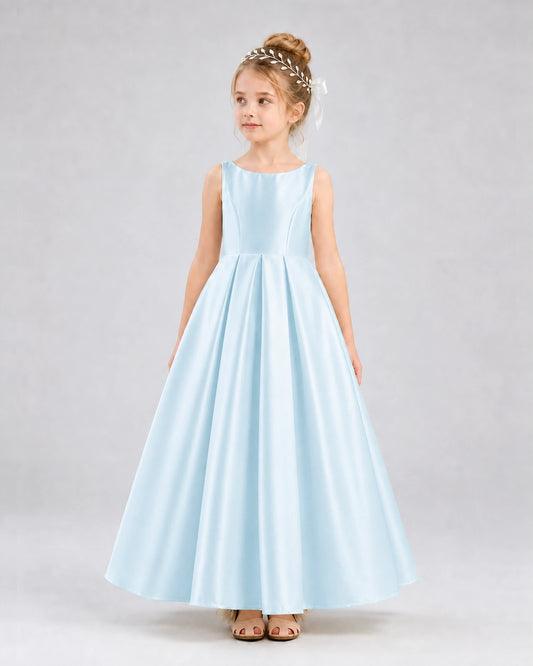 Baby Blue Satin A-line Flower Girl Dress Front View