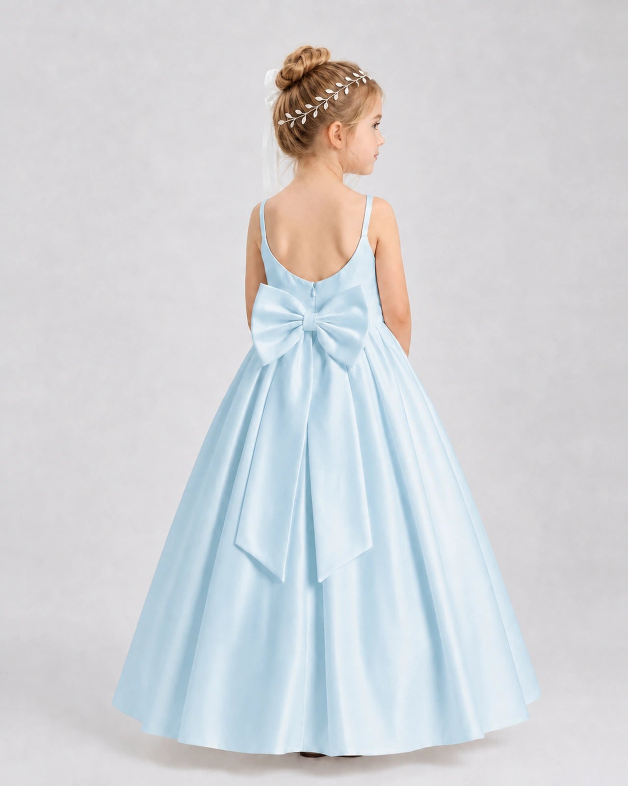 Baby Blue Satin A-line Flower Girl Dress Back View