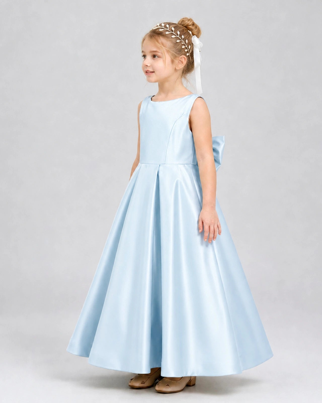 Baby Blue Satin A-line Flower Girl Dress Side View