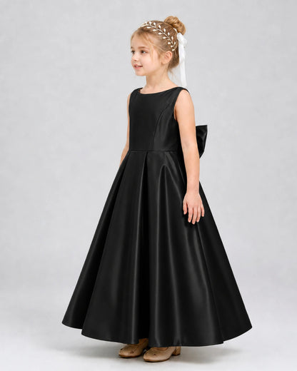 Black Satin A-line Flower Girl Dress Side View