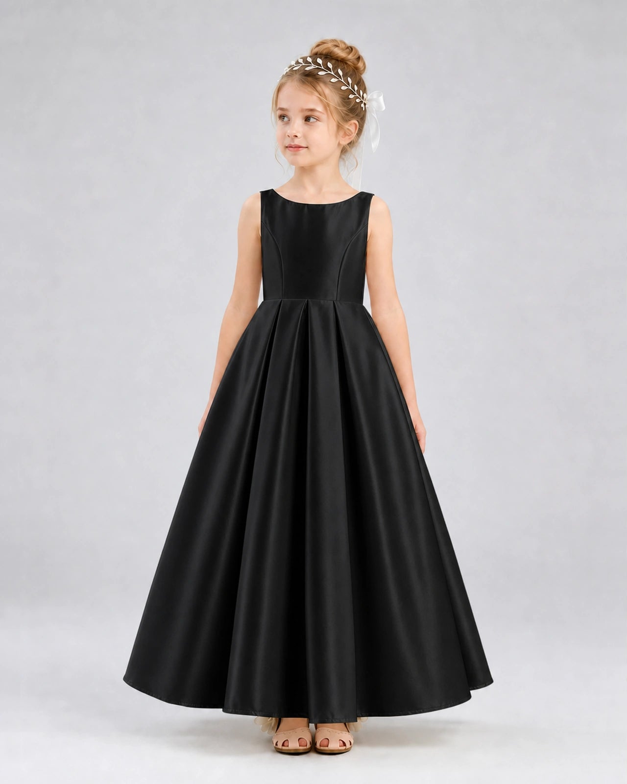 Black Satin A-line Flower Girl Dress Front View