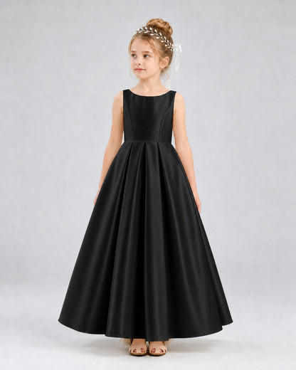 Black Satin A-line Flower Girl Dress Front View
