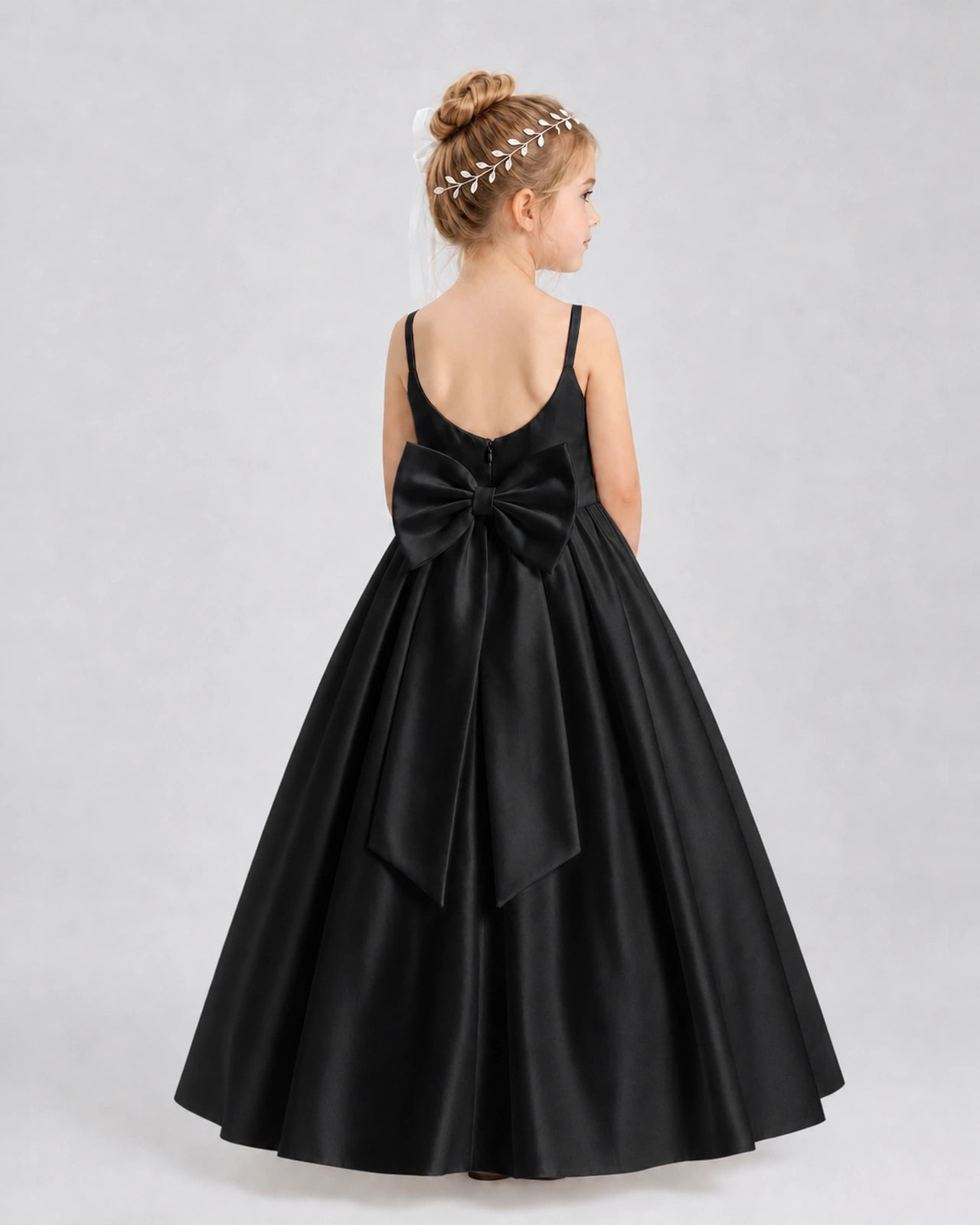 Black Satin A-line Flower Girl Dress Back View