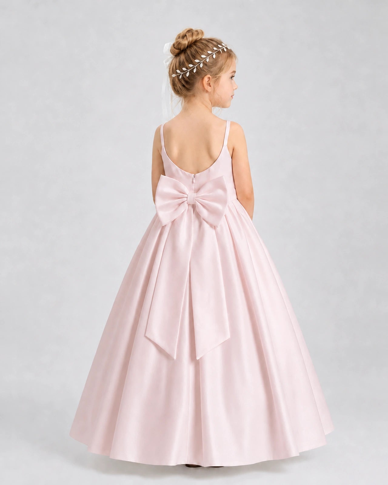 Blush Pink Satin A-line Flower Girl Dress Back View