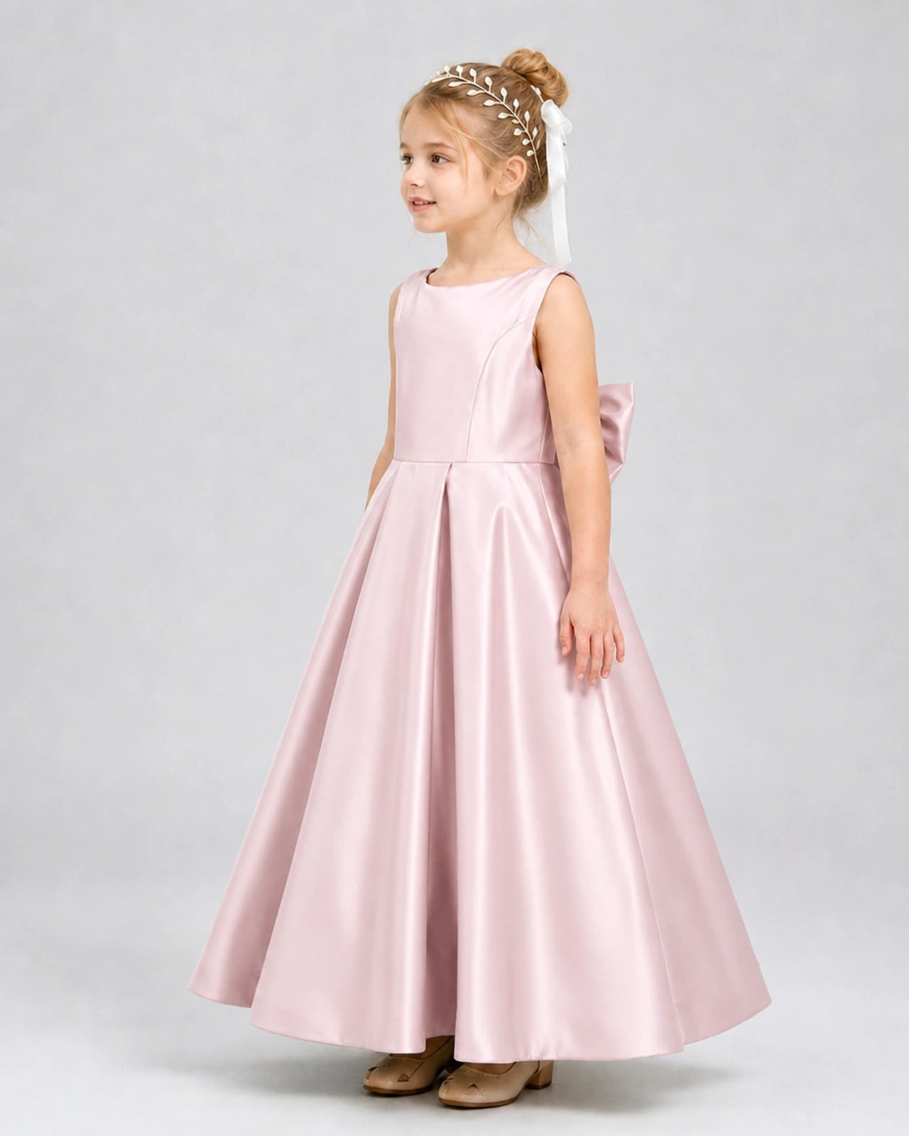 Blush Pink Satin A-line Flower Girl Dress Side View