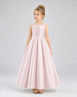 Blush Pink Satin A-line Flower Girl Dress Front View