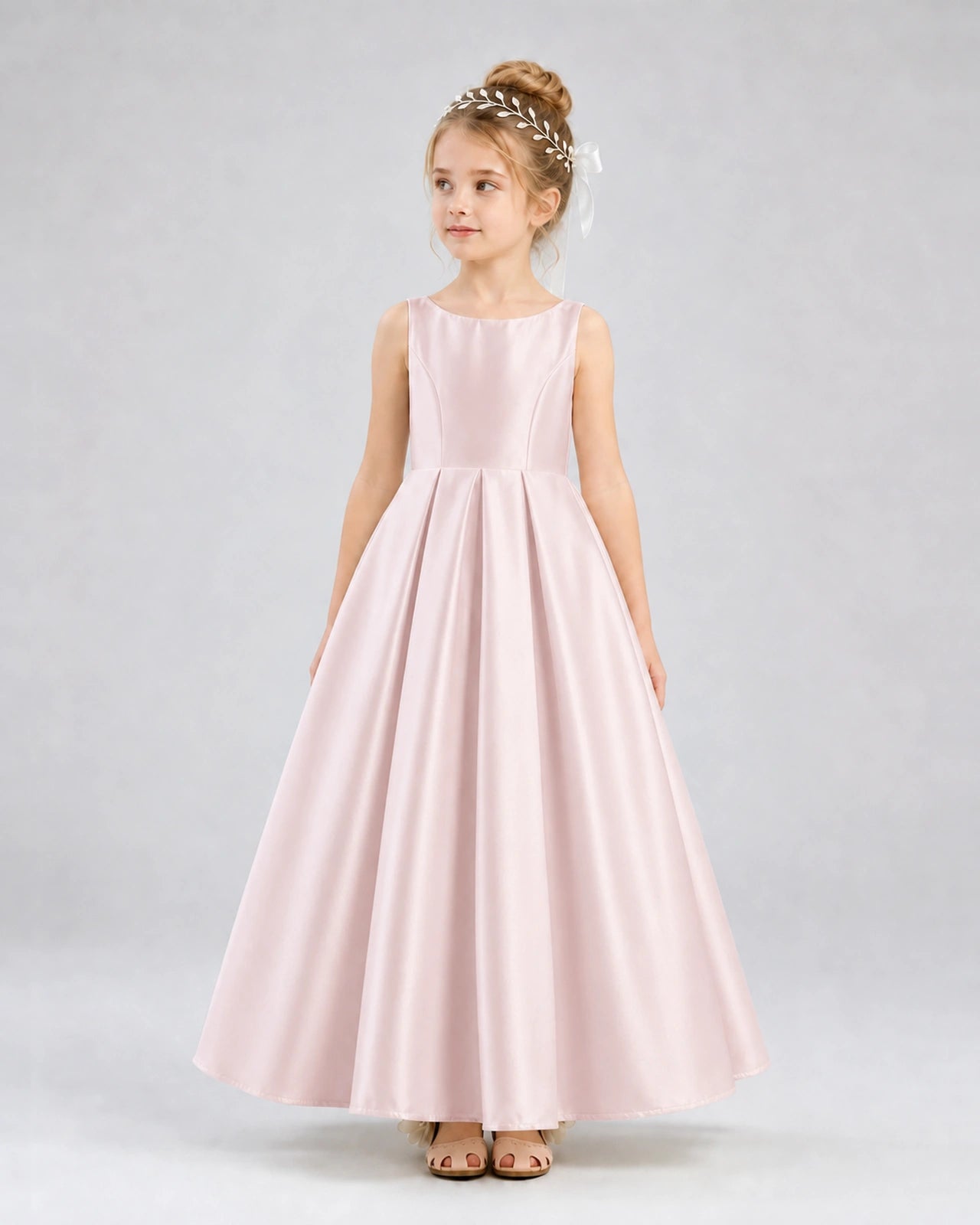 Blush Pink Satin A-line Flower Girl Dress Front View
