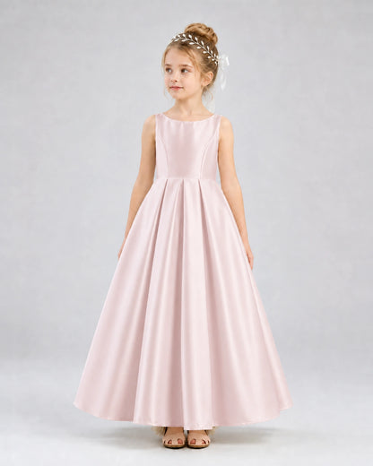 Blush Pink Satin A-line Flower Girl Dress Front View