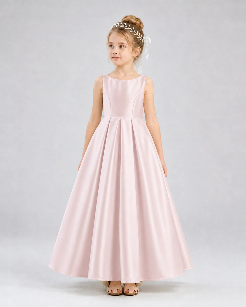 Blush Pink Satin A-line Flower Girl Dress Front View
